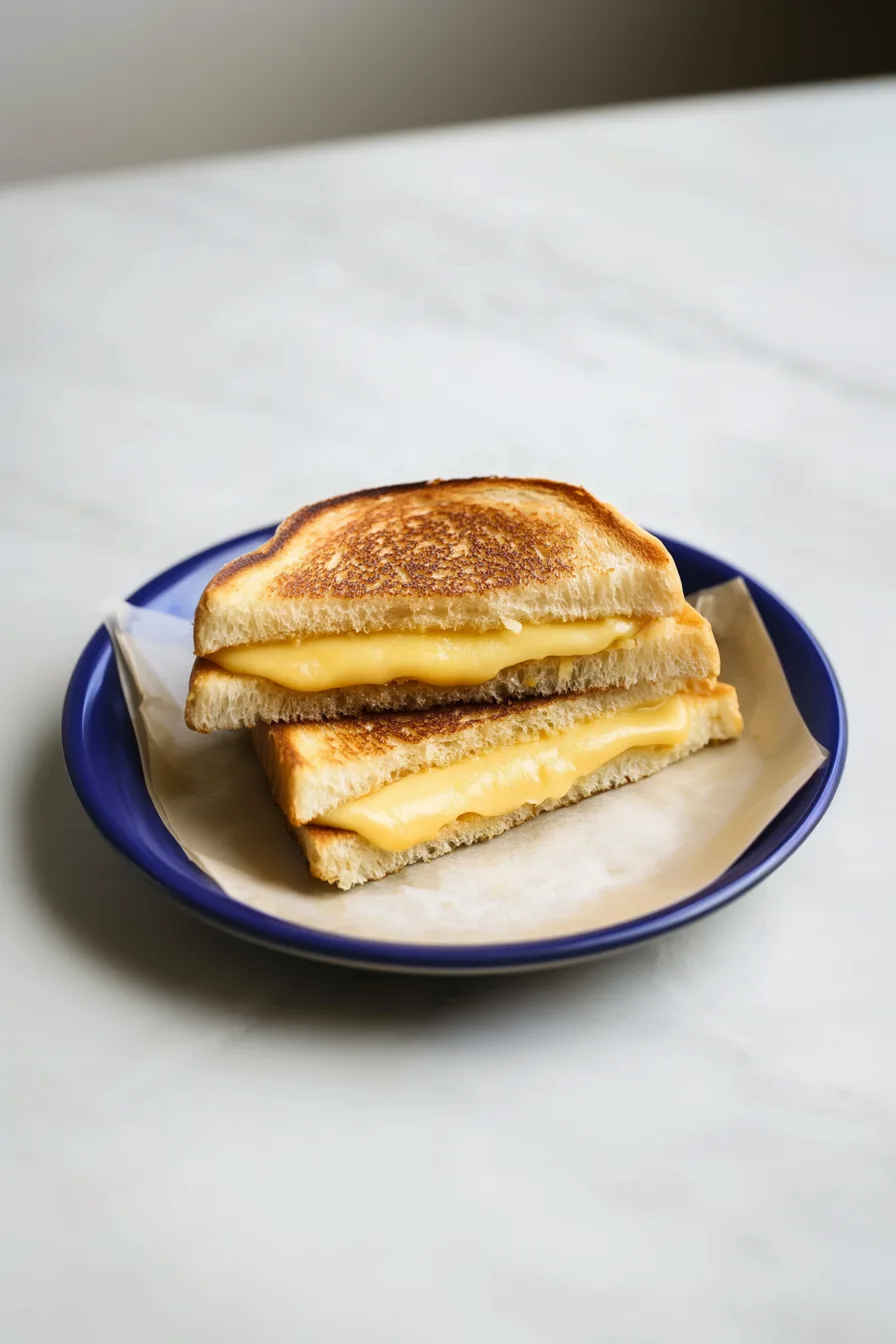 A hot cheese toastie sliced in half on a plate, ready to serve.