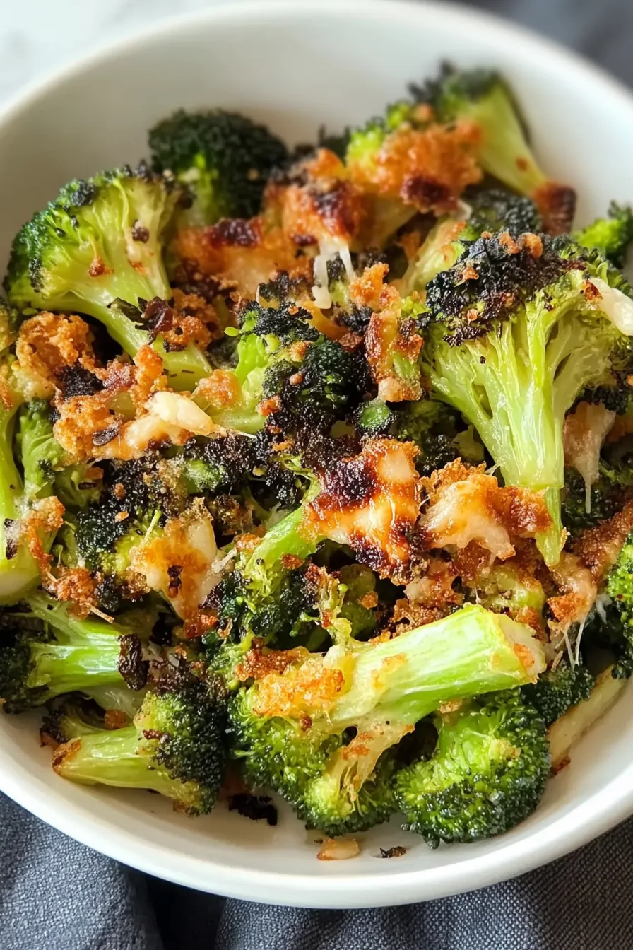 Close-up of roasted broccoli topped with golden, crispy melted cheese.