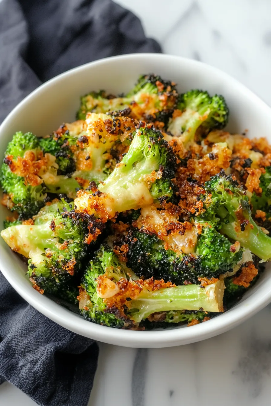 Bowl of baked broccoli with browned cheese and crunchy edges.