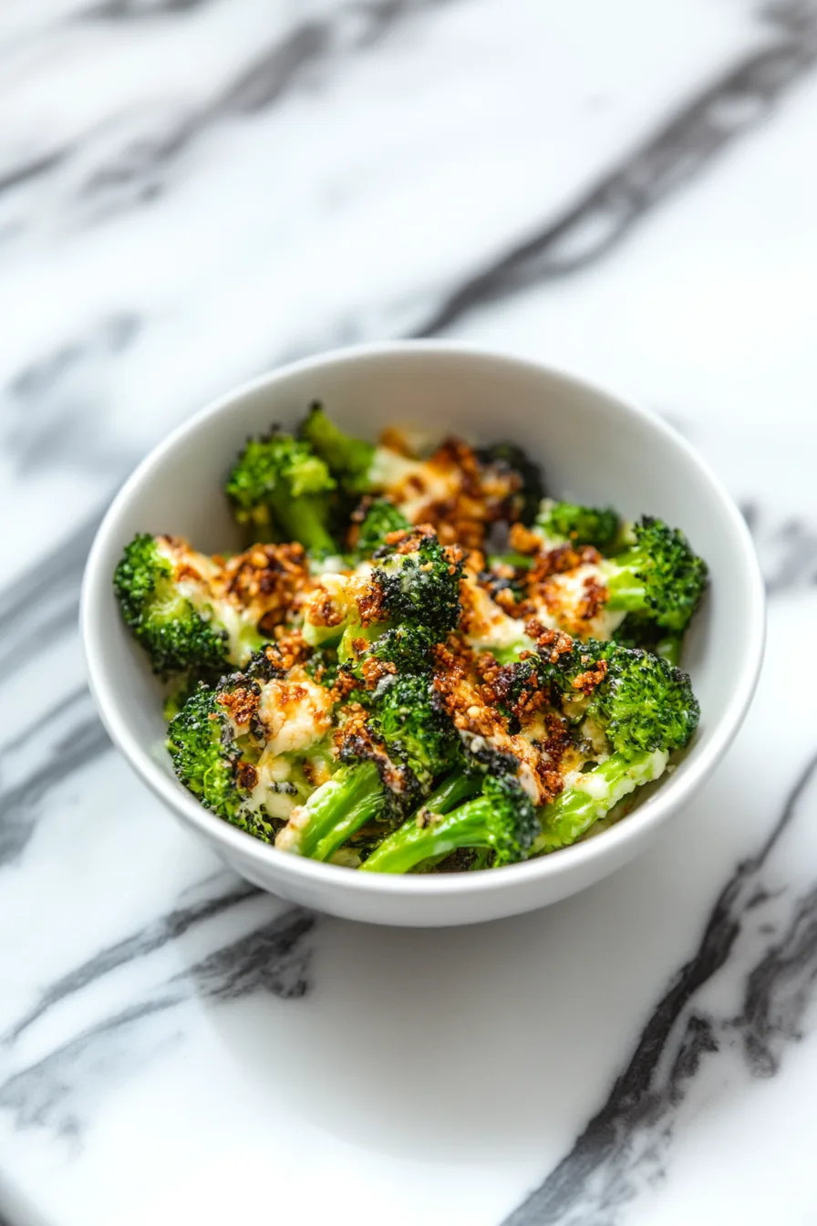 Crispy baked broccoli coated in melted cheese, ready to eat