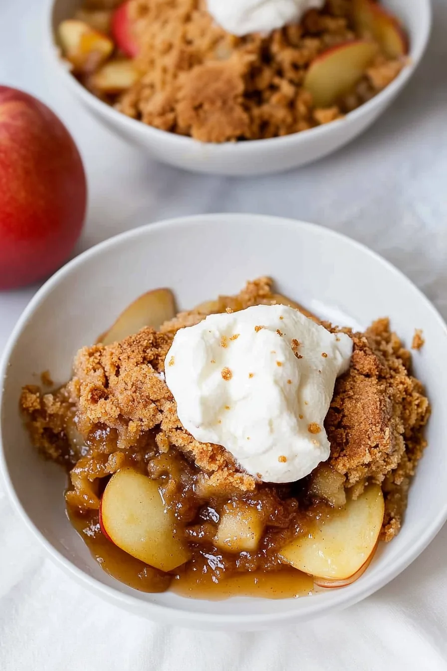 Close-up of baked apple dessert with caramel sauce and crumb topping.