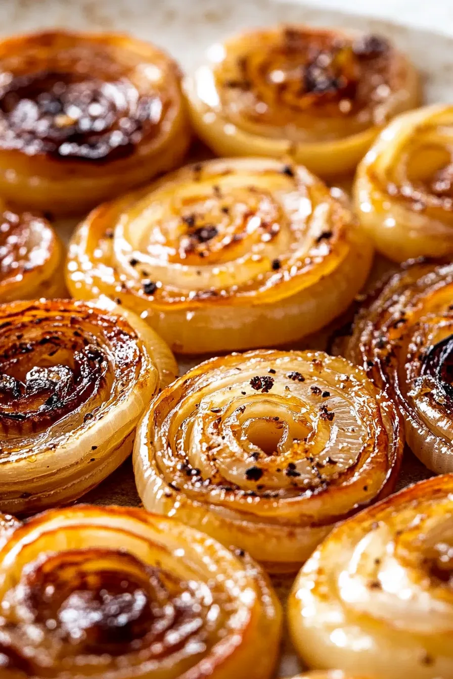 Close-up of golden roasted onion rounds with a glossy, caramel finish.