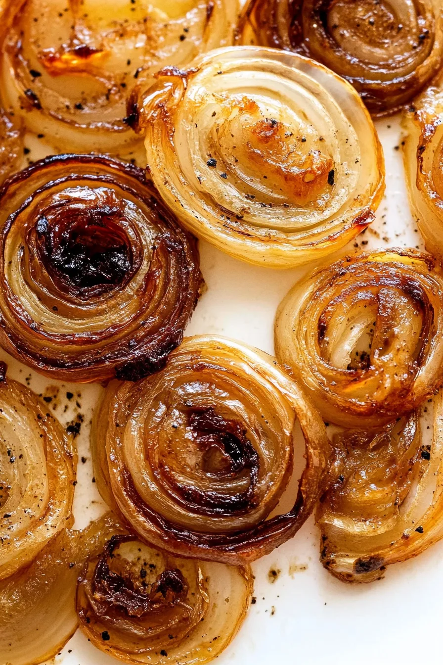 Baked onion slices with crisp edges and a rich brown glaze.