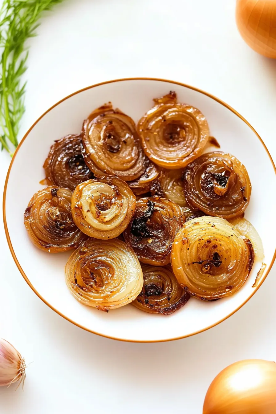 Oven-roasted onions with deep caramel color and a soft, melty texture.