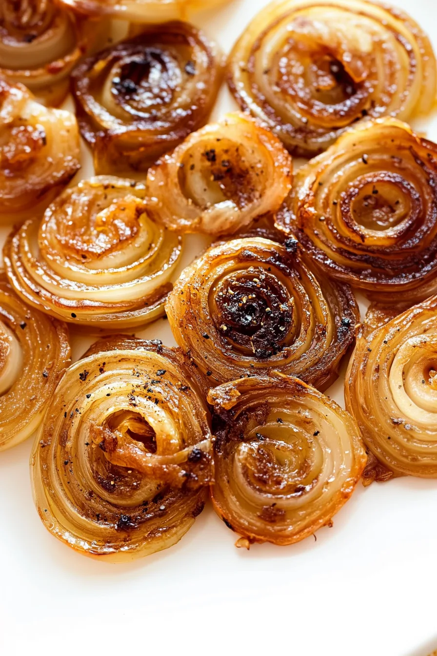 A tray of browned onion slices, glistening with butter and seasoning.