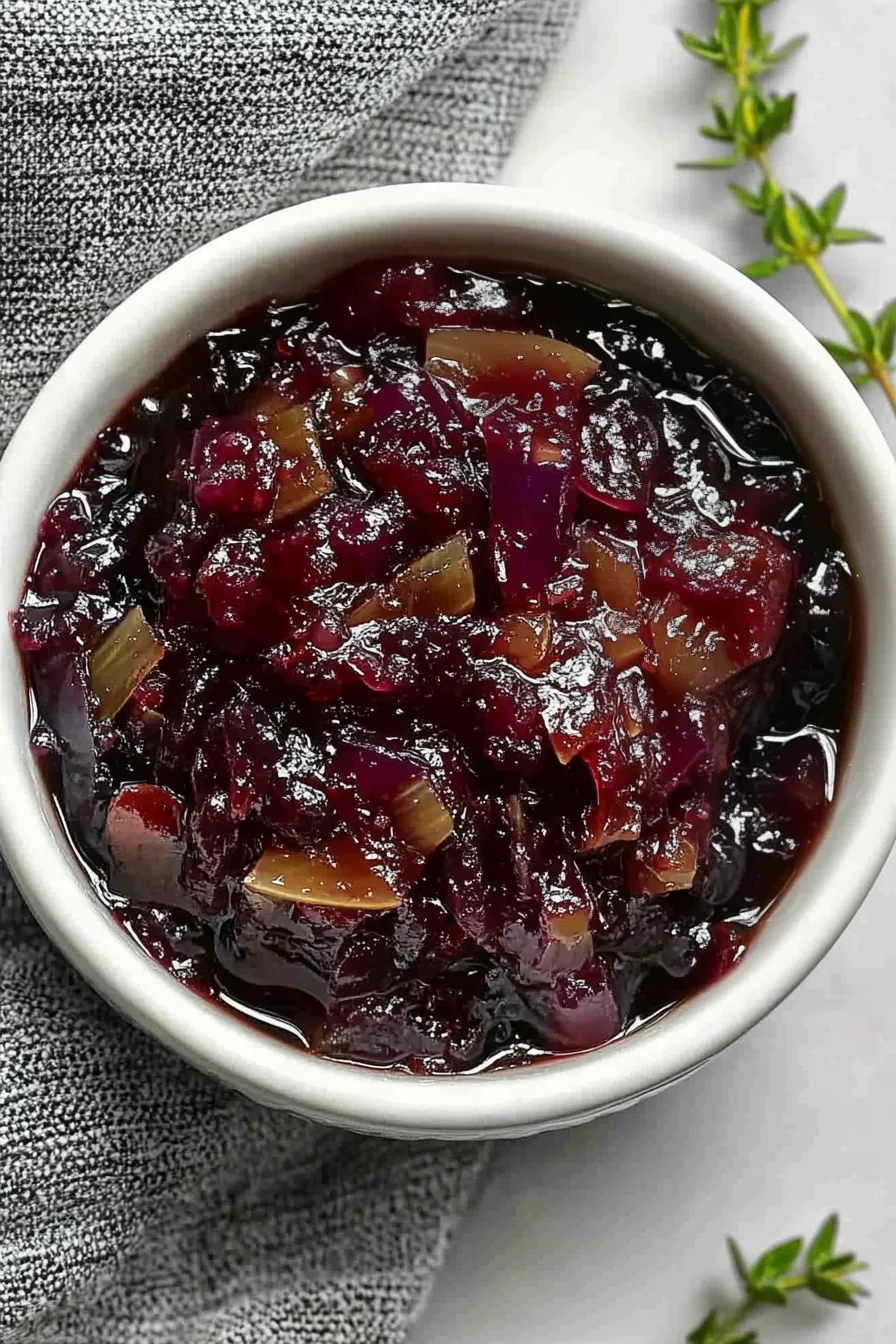 Close-up of a rich, jam-like onion mixture with a shiny finish.