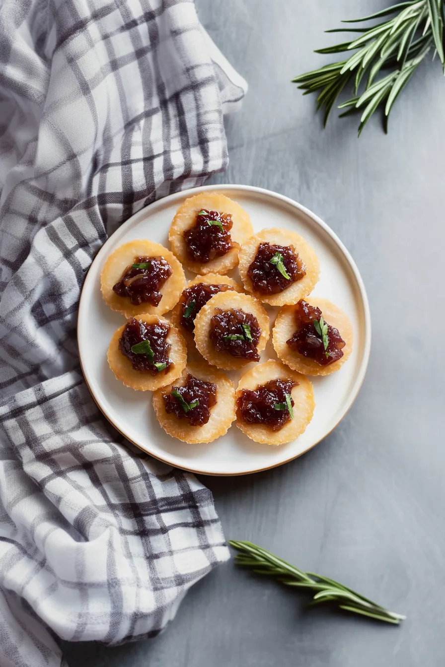 - Elegant appetizer plate with crispy rounds topped with glossy onion spread and fresh herbs.