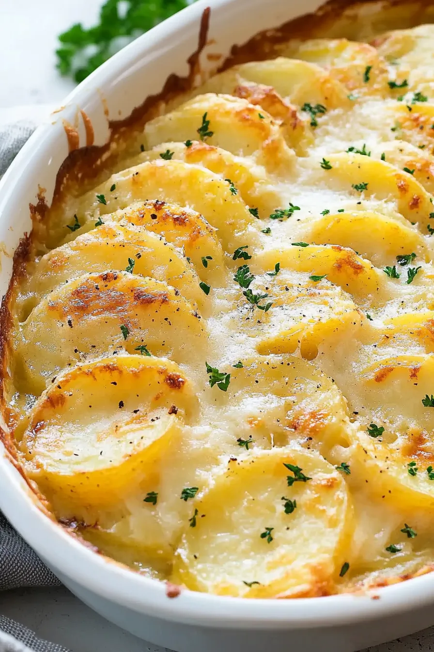 Overhead view of a creamy potato casserole with a lightly crisp surface.