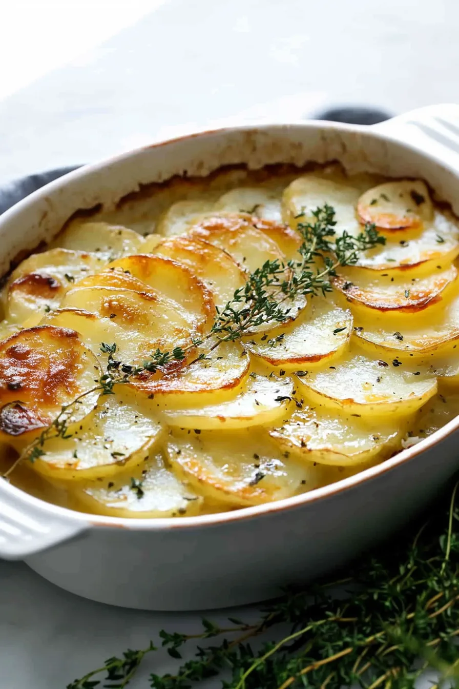 Baked dish with thinly layered potatoes covered in a golden, creamy sauce.