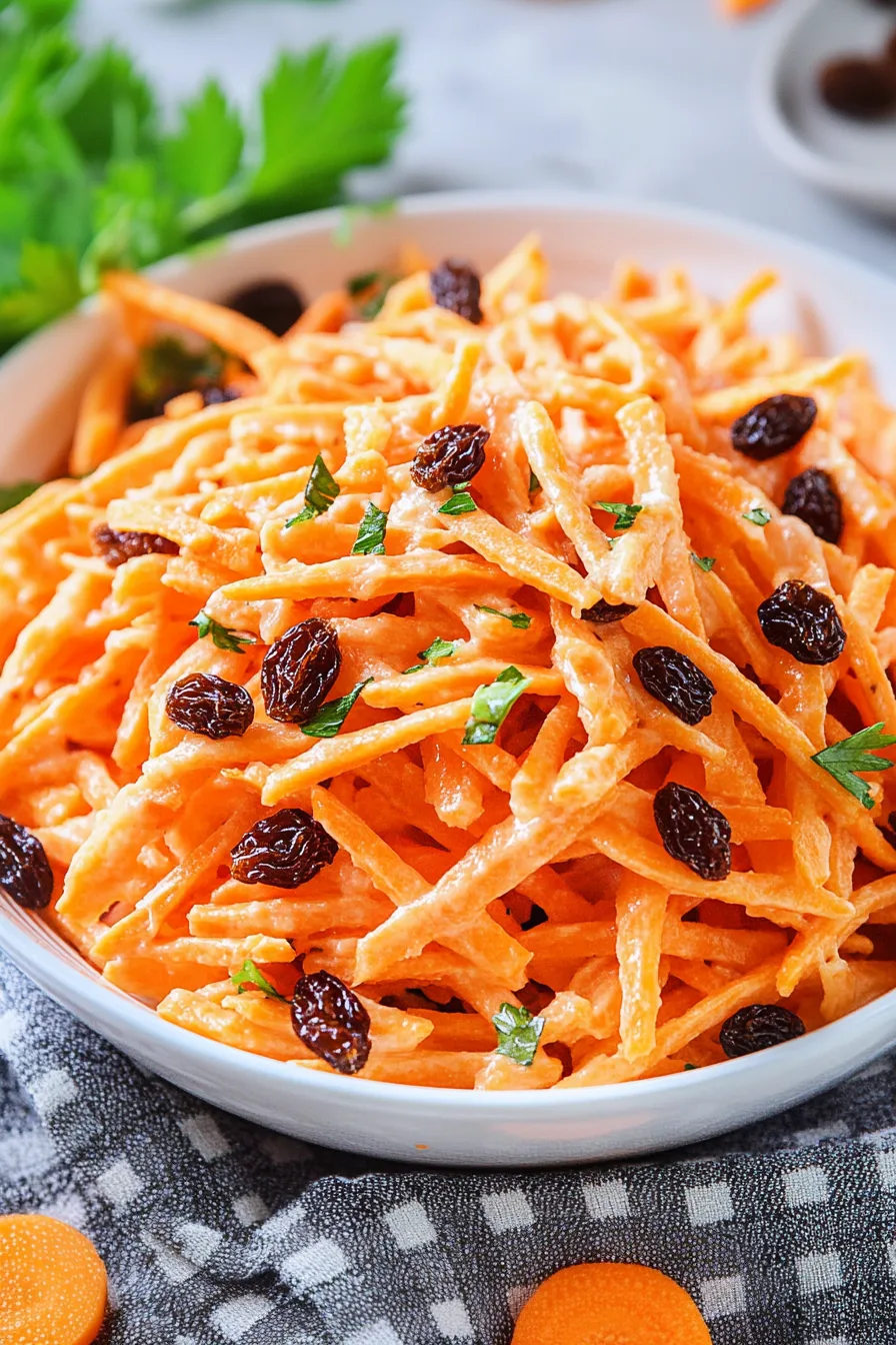 Close-up of a bright, shredded carrot mixture in a serving bowl.