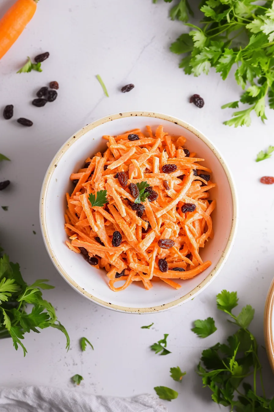 Top-down view of a simple carrot salad with raisins mixed throughout.