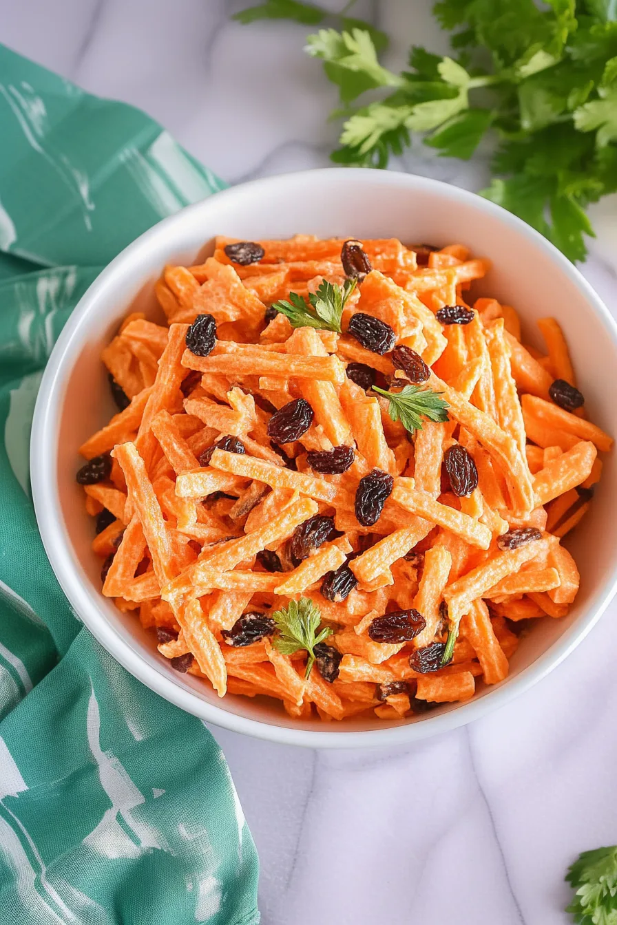 Final plated salad showing thin carrot shreds and scattered raisins.
