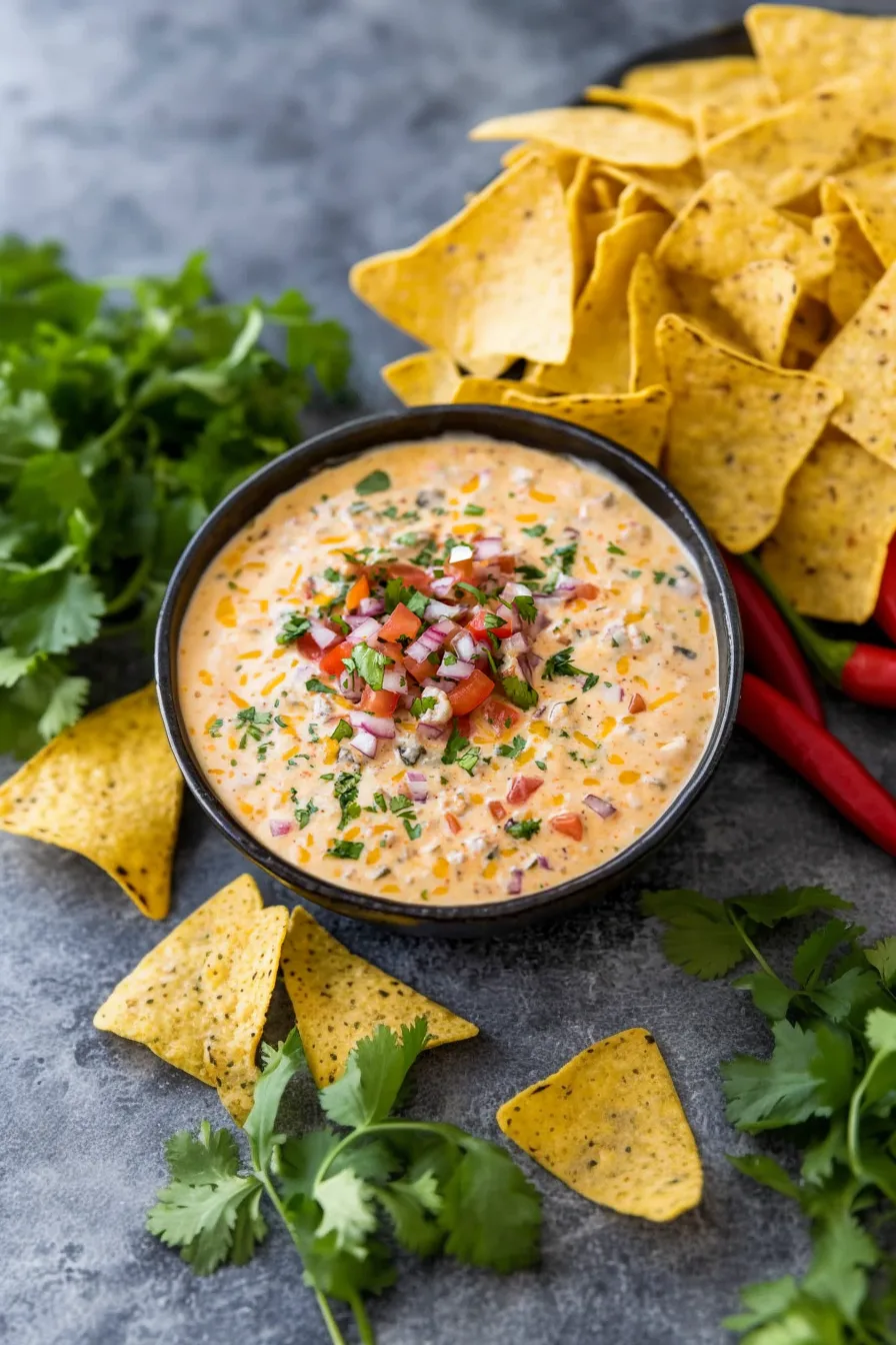 Warm, melted cheese dip served in a bowl with tortilla chips on the side.