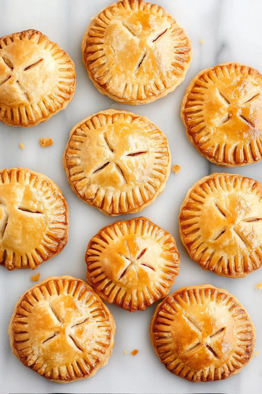 Glossy, baked pie rounds evenly spaced on a white background.