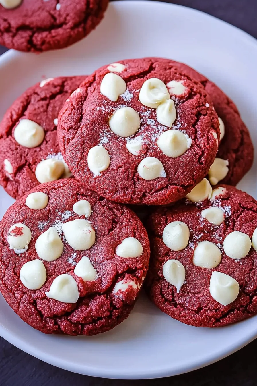 Close-up of bright red cookies with melted white chocolate pieces scattered across the tops.