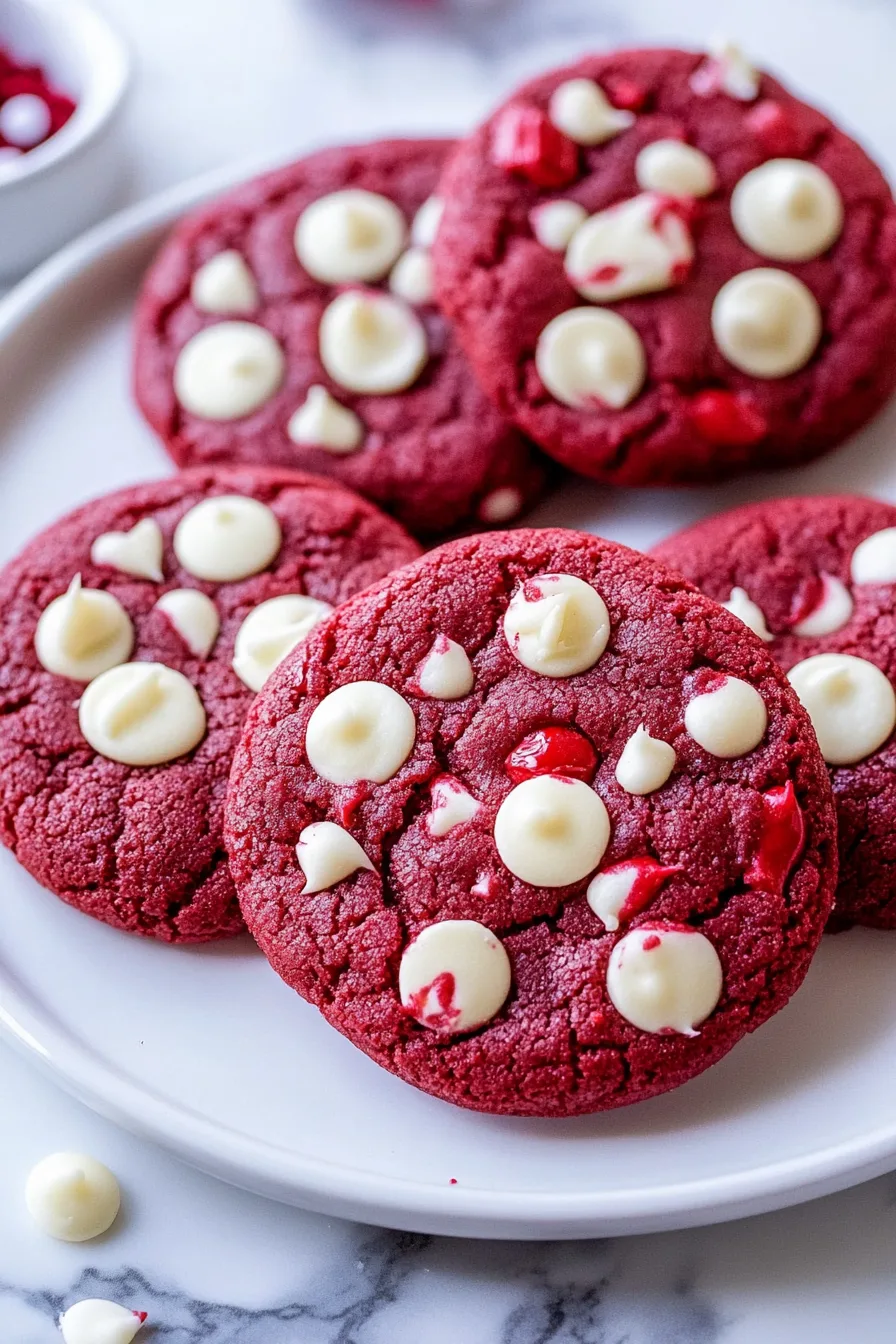 A stack of red cookies showing a chewy texture and white chocolate studded surface.