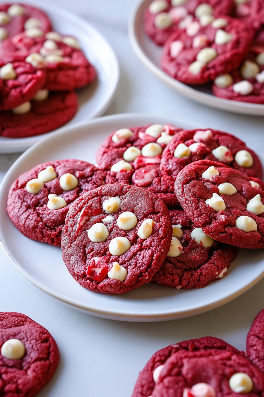 Freshly baked red cookies arranged on a plate with chocolate chips around the edges.