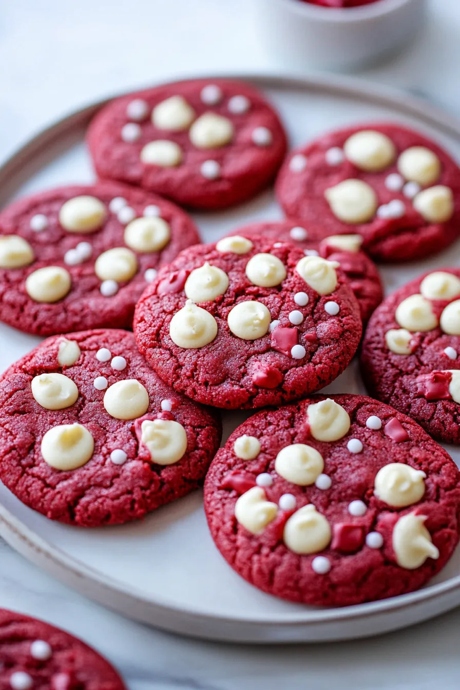 Dessert plate filled with vibrant red cookies, each dotted with creamy chocolate chips.