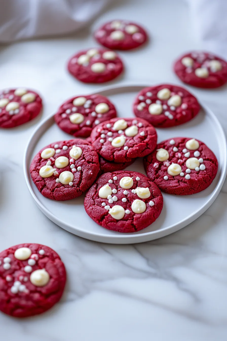 Soft red cookies topped with creamy white chocolate chips on a white plate.