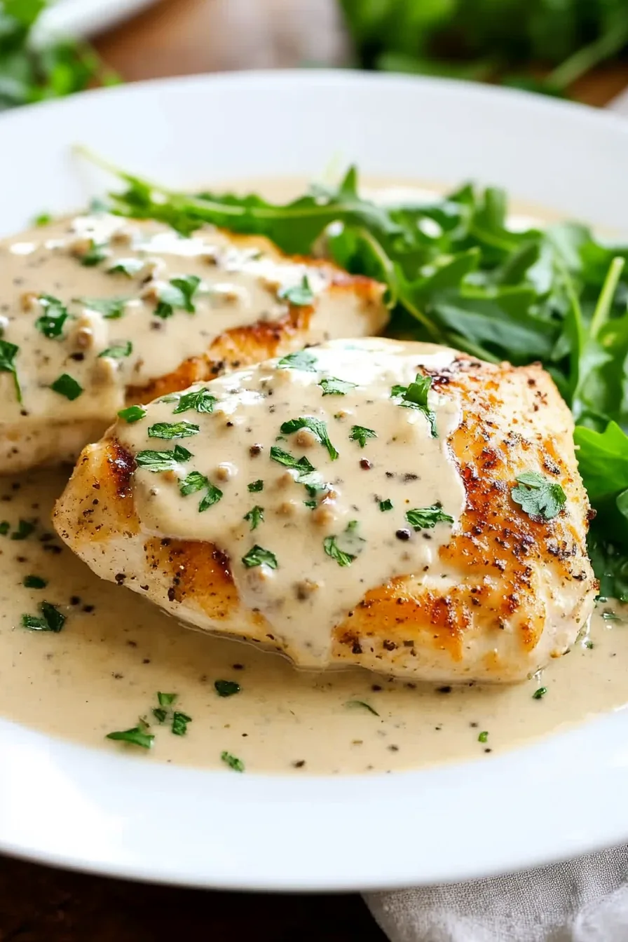 Close-up of tender chicken in a rich, silky cream sauce with specks of black pepper.