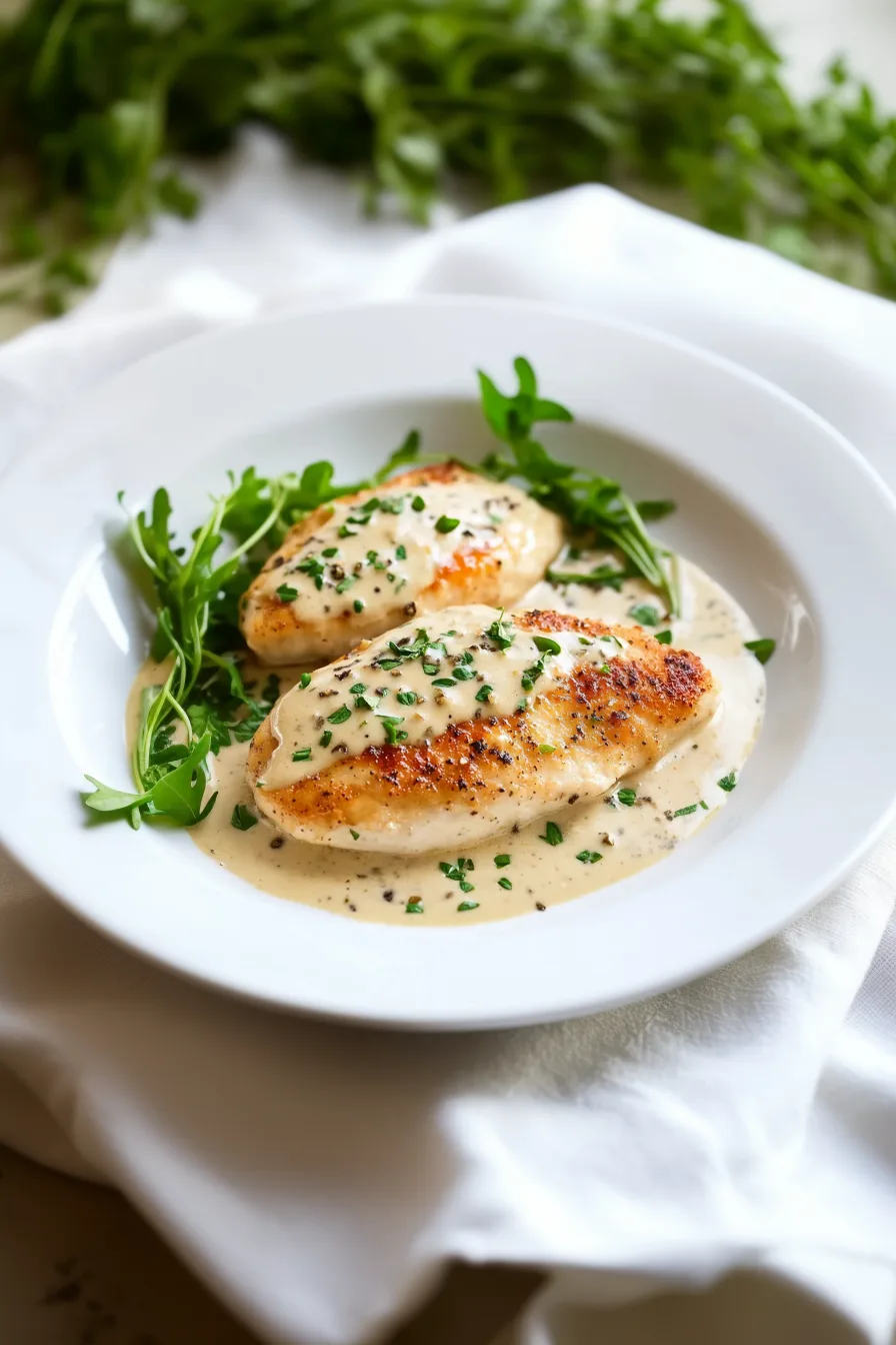 Juicy chicken breasts surrounded by a thick, flavorful sauce with green parsley accents.