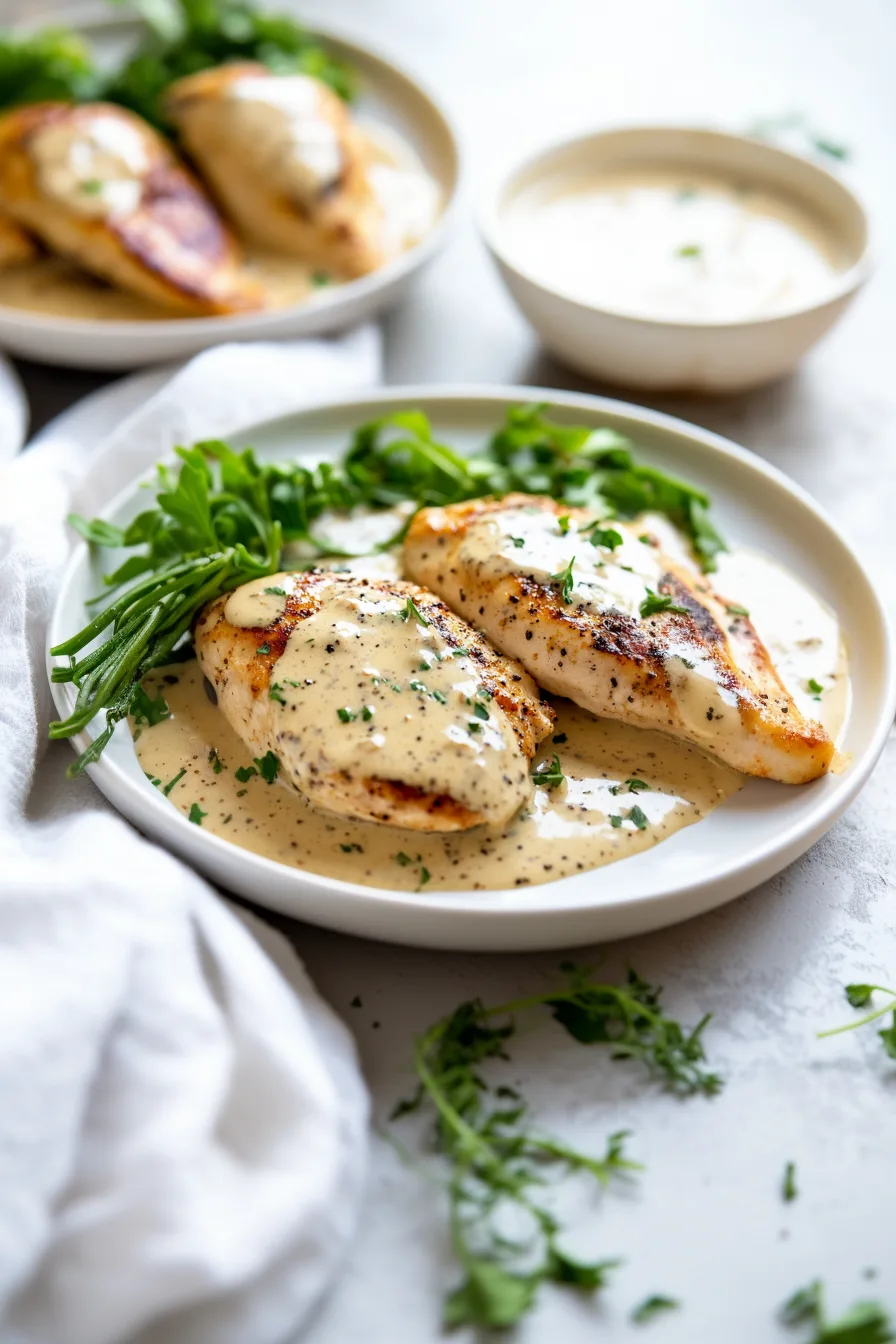 Plated chicken in a creamy, lightly seasoned mustard sauce ready to serve.