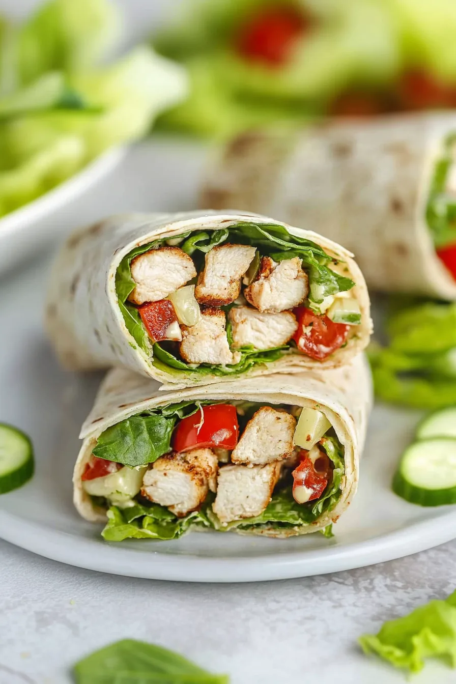 Wrap halves arranged on a plate, revealing the fresh green filling and folded tortilla edges.