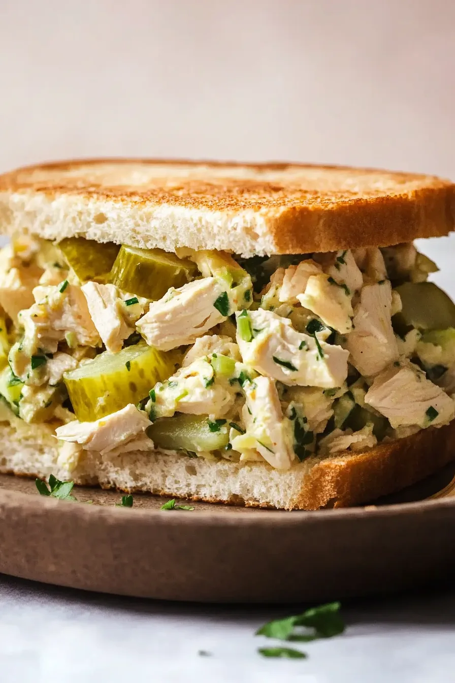 Hearty chicken salad layered between slices of white bread.