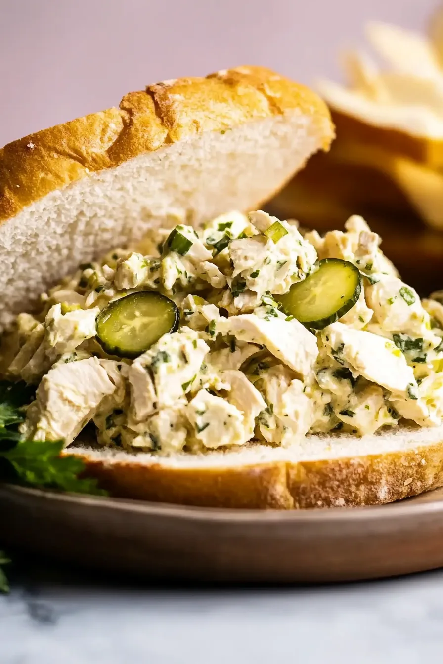 Freshly made chicken and pickle filling served on a rustic plate.