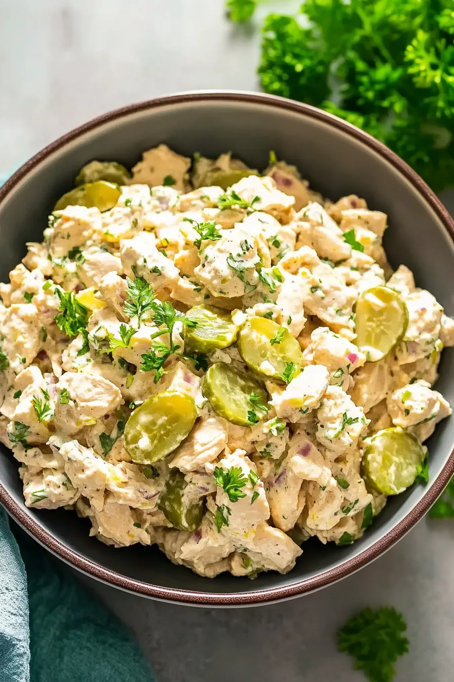 Bowl of creamy chicken mixture featuring crunchy pickles and herbs.