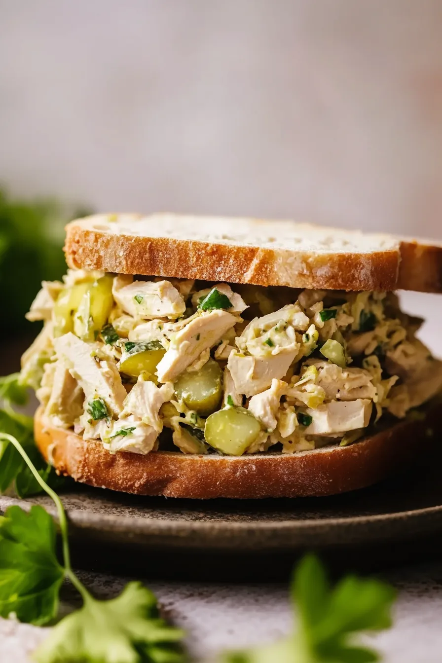 Creamy chicken salad sandwich with sliced pickles and fresh herbs on soft bread.