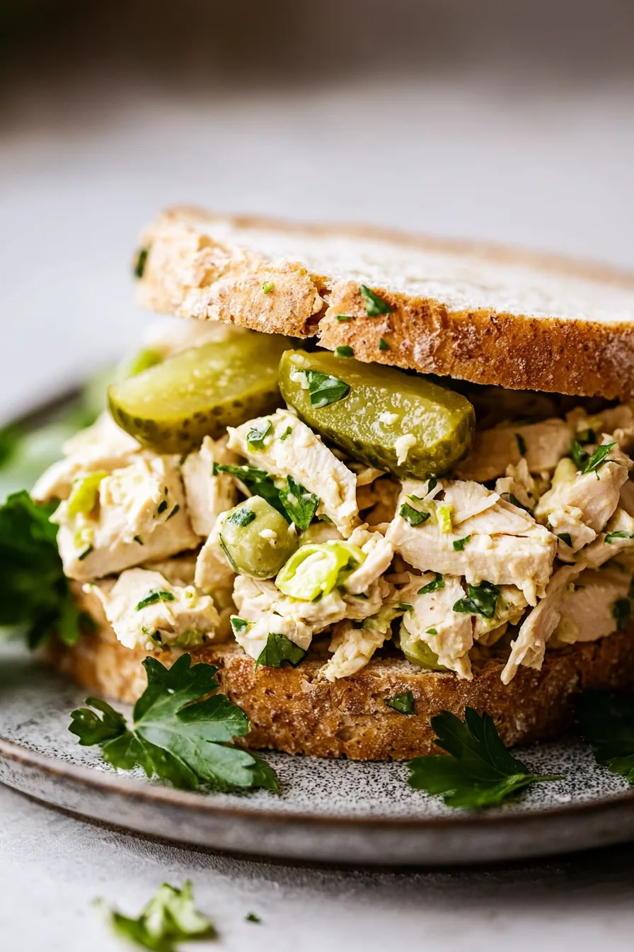 Close-up of homemade chicken salad mixed with chopped pickles and parsley.