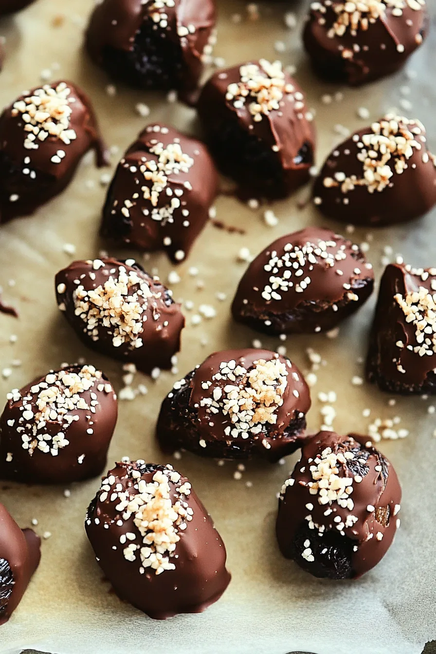 A close-up of glossy chocolate-coated dates with sesame seeds sprinkled on top.