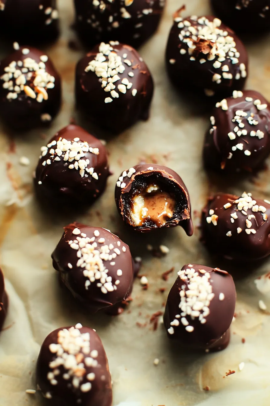 A bitten date revealing the smooth and gooey tahini center.