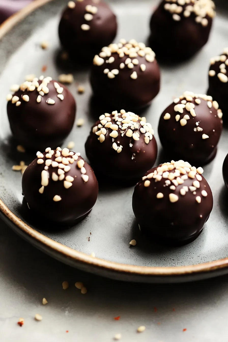 A small stack of chocolate-dipped dates arranged neatly on a ceramic plate.