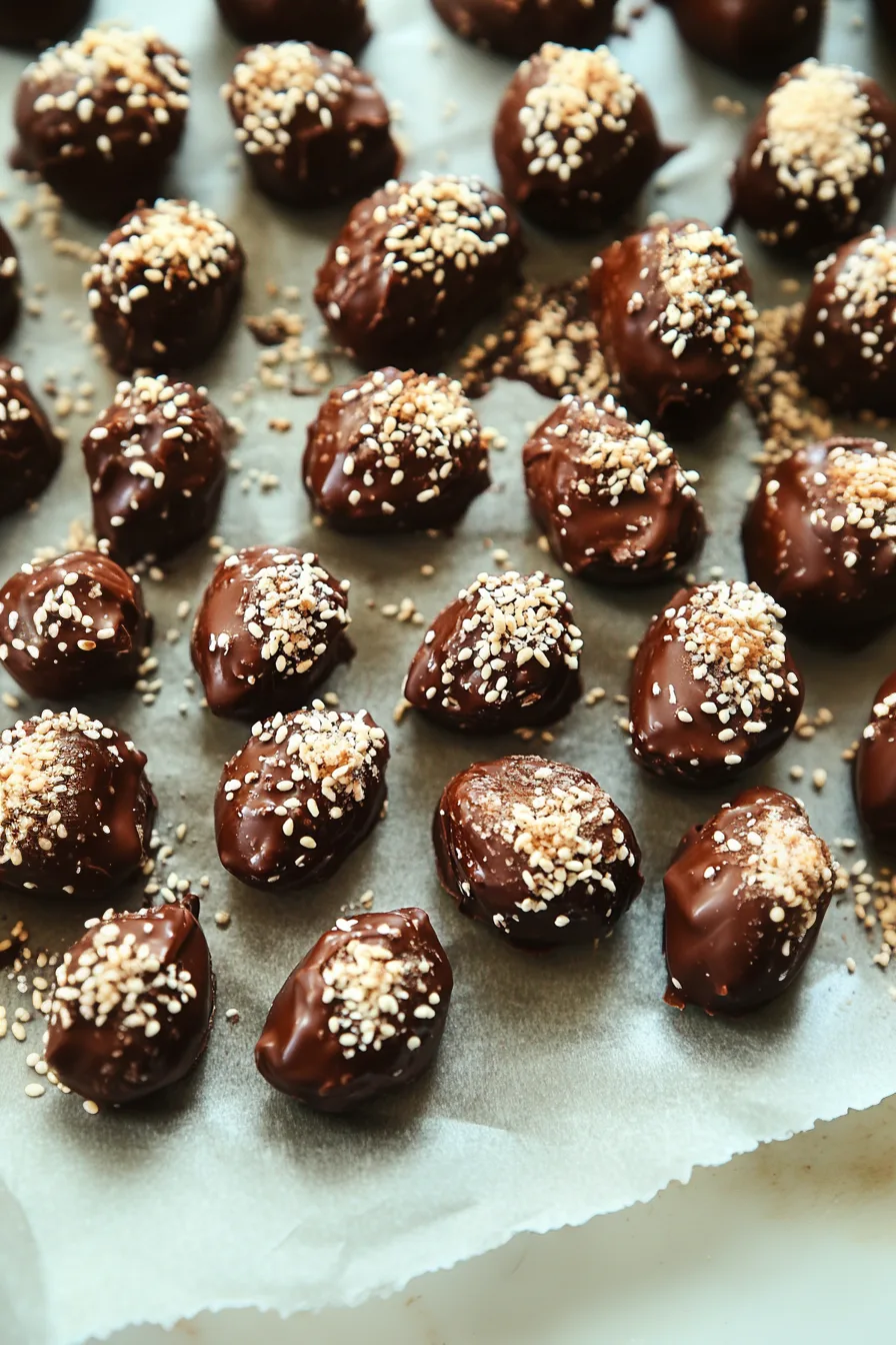 A batch of homemade chocolate treats with a light topping of sesame seeds.