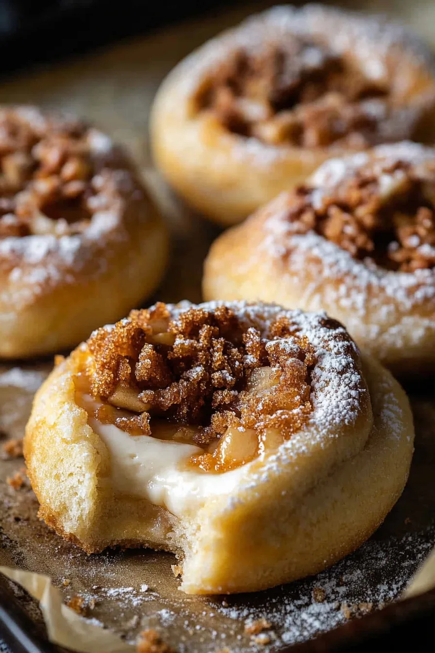 Baked dessert buns on a tray, overflowing with spiced apple pieces and a creamy filling.