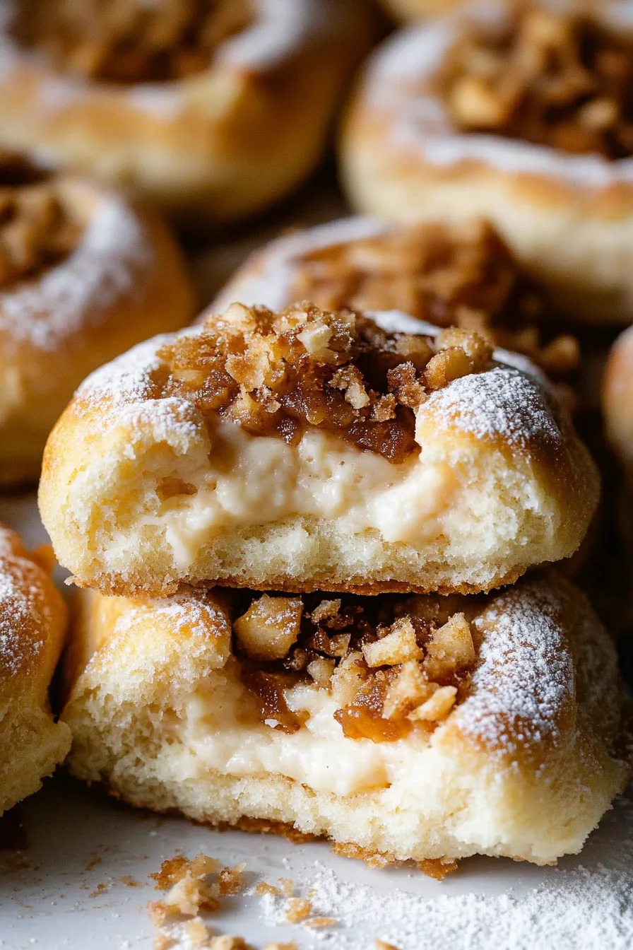 Close-up of a soft bun with a cheesecake center and caramelized apple topping.
