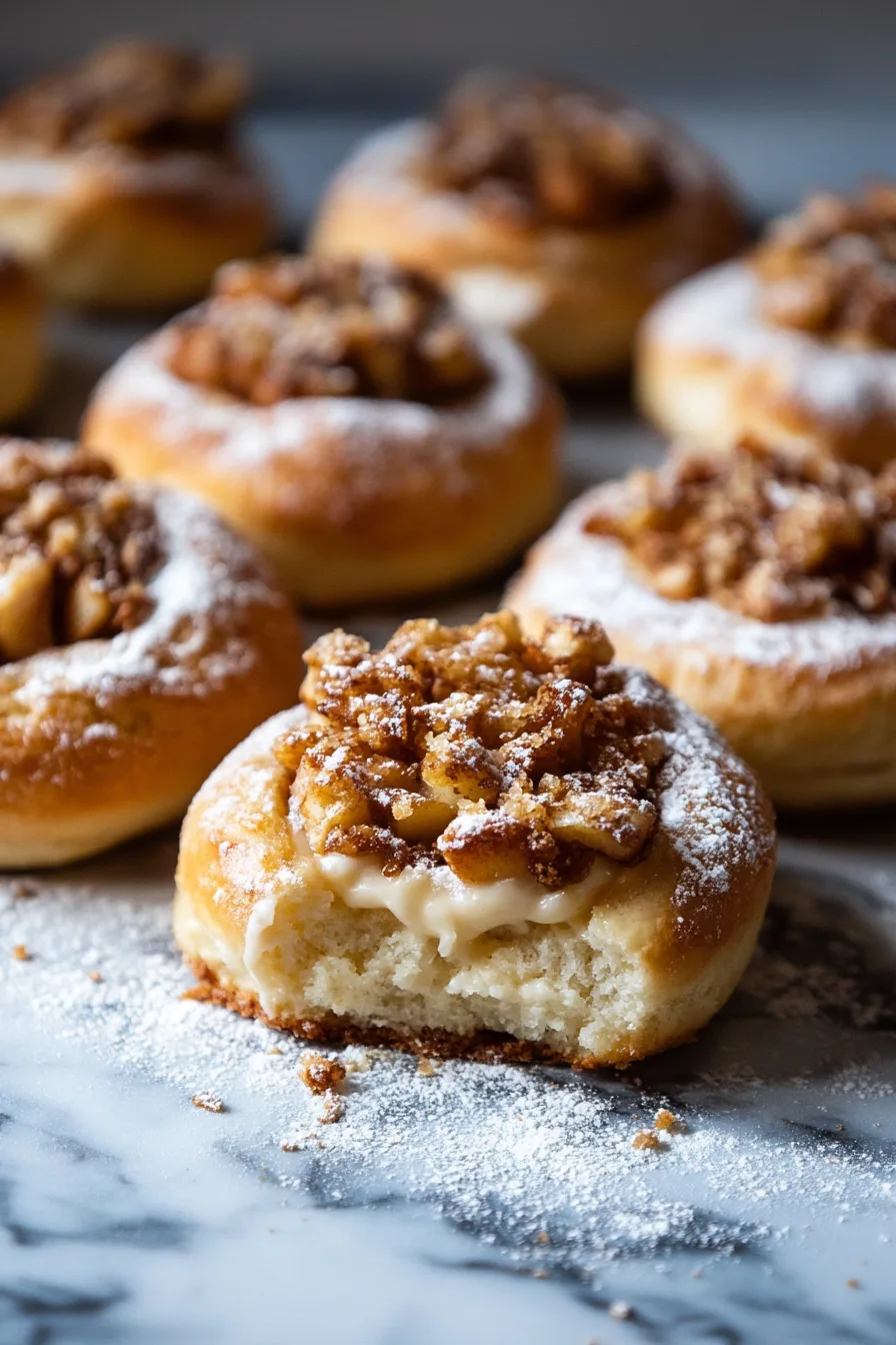 Cheesecake-filled pastry with a bite taken out, showing the creamy center and apple crumble.