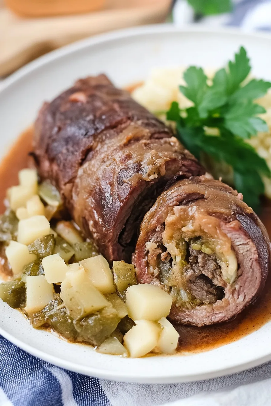 Close-up of tender beef roll cut open to show its vegetable and pickle stuffing.