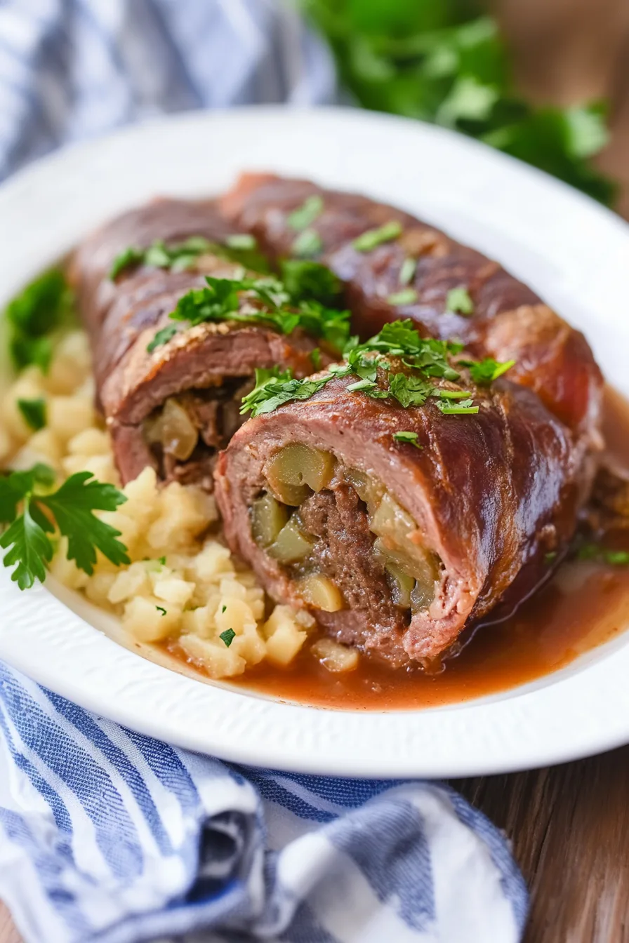 Warm beef roll with a rich filling, garnished with fresh herbs.