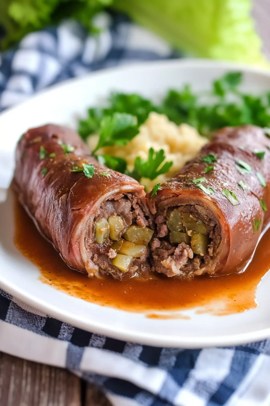 Sliced stuffed beef served alongside mashed potatoes with a drizzle of pan gravy.
