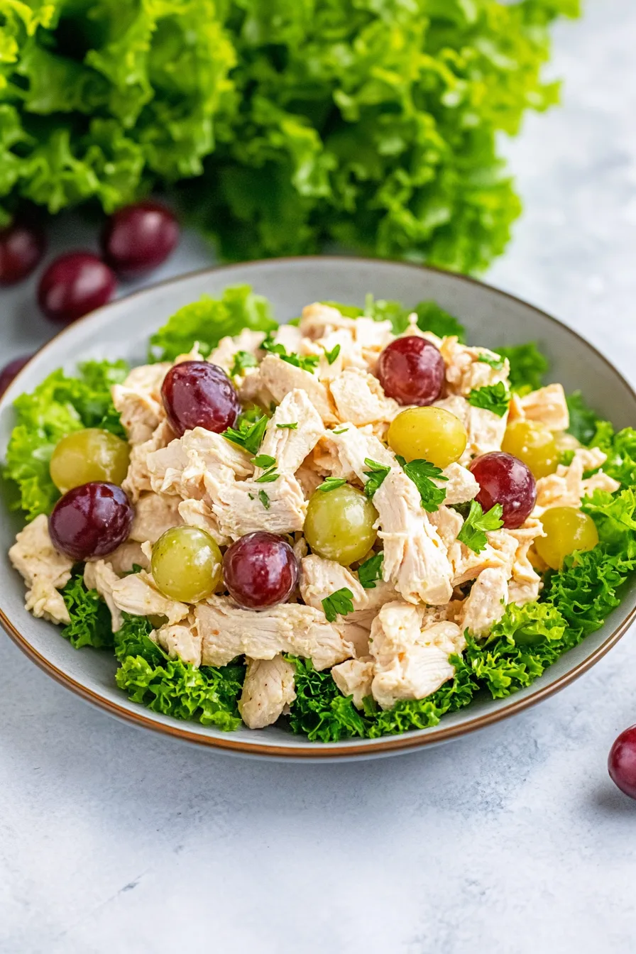 Top-down view of a chilled chicken and grape mixture arranged on a plate of greens.