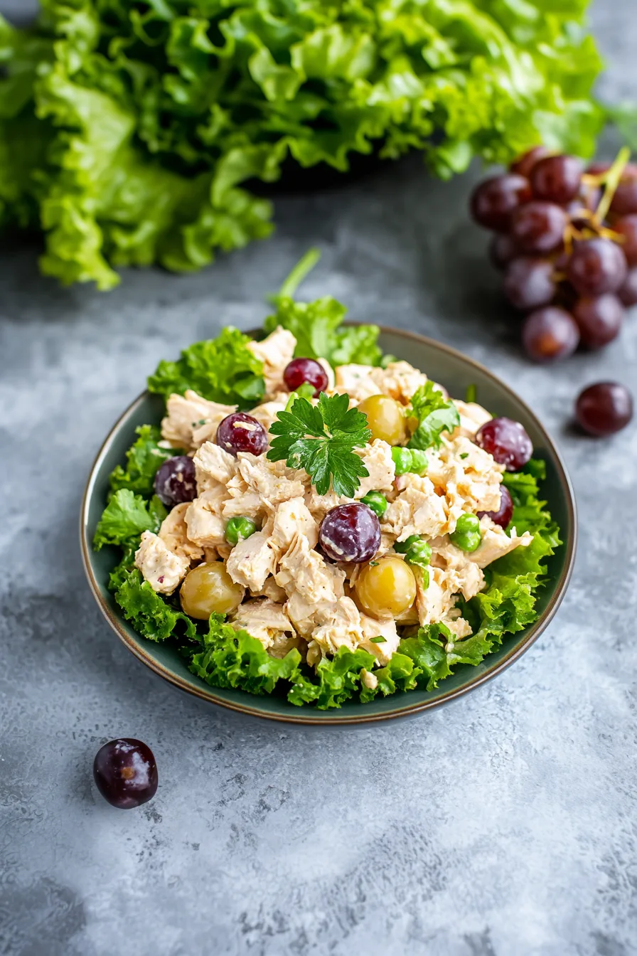 Plate of creamy mixed chicken pieces with red and green grapes served over fresh lettuce.
