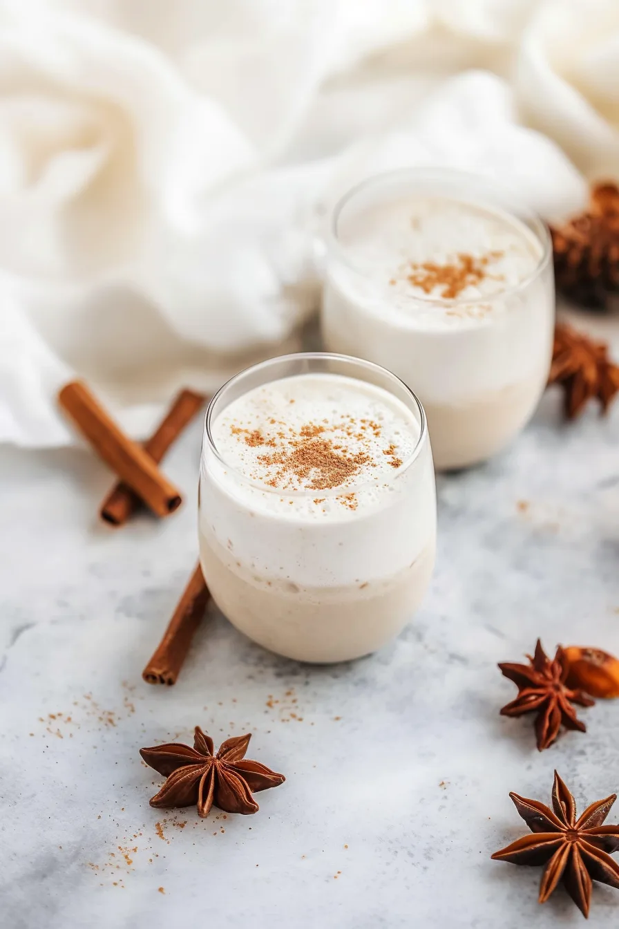 Chilled traditional horchata with frothy top and cinnamon dusting.