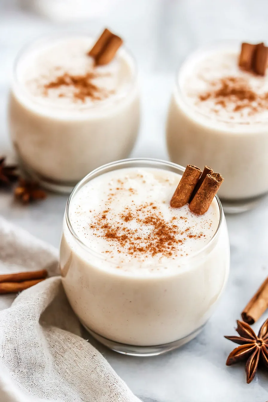 Refreshing glass of sweet rice milk drink garnished with ground cinnamon.