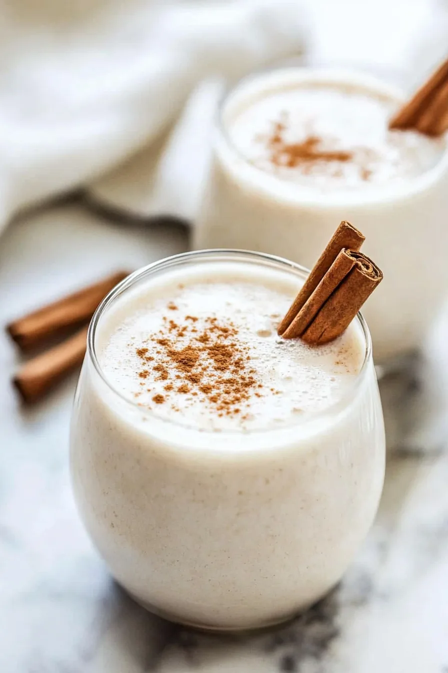 Creamy homemade horchata served in a glass with a sprinkle of cinnamon on top.
