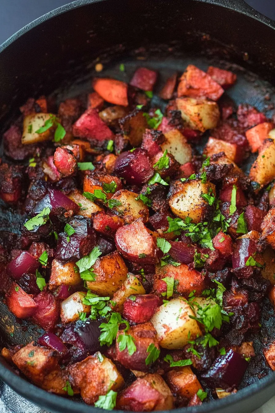 Hearty breakfast hash with crispy vegetables, lightly browned and ready to serve.