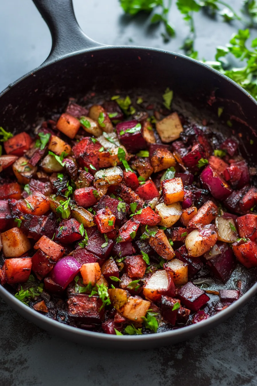 Overhead view of a rustic vegetable hash featuring red beets and golden potatoes.