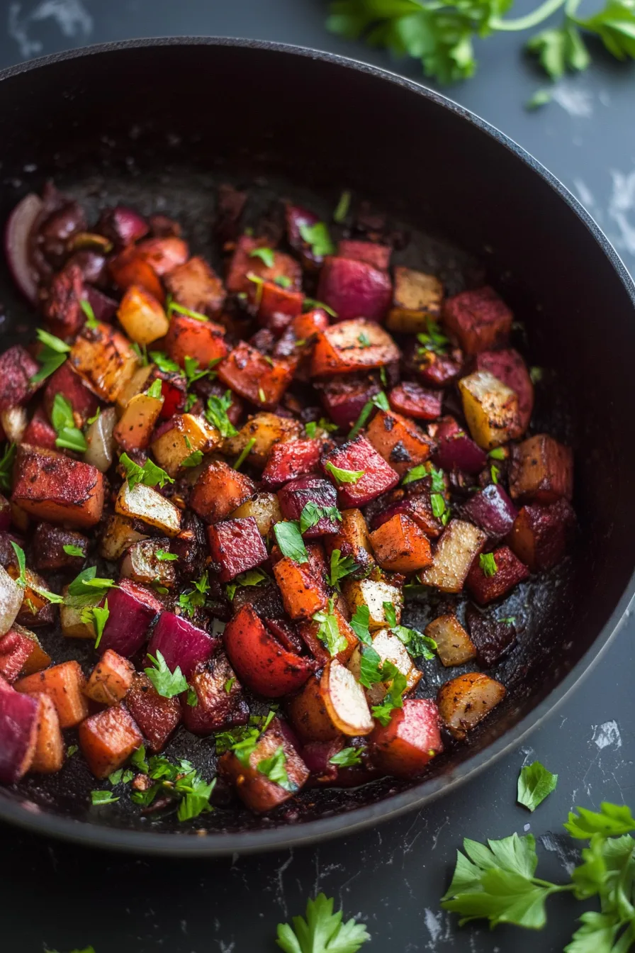 Crispy mixed-vegetable hash with earthy beet tones and browned edges.